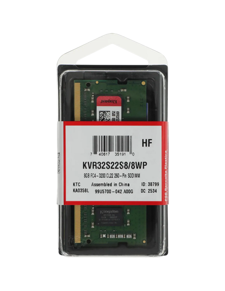 Оперативная память Kingston ValueRAM, DDR4 SDRAM, 3200 МГц, 8 ГБ, KVR32S22S8/8WP