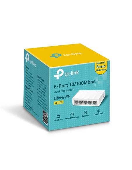 TP-LINK LS1005  5-port Desktop Switch, 5 10/100M RJ45 ports, Plastic case, LiteWave, Green Technology