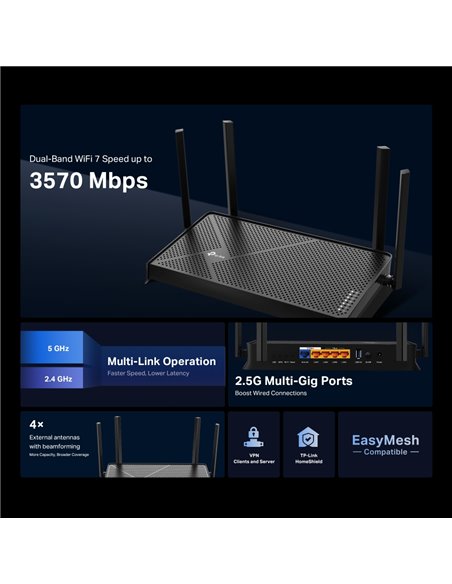 Wi-Fi Router TP-LINK Archer BE230/ AX3600 Dual Band / Wi-Fi7 / 2.5Gigabit / 4 external antennas