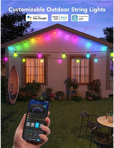 Banda LED de exterior GOVEE RGBIC Smart Outdoor String Lights 15m, 15 Light Bulbs