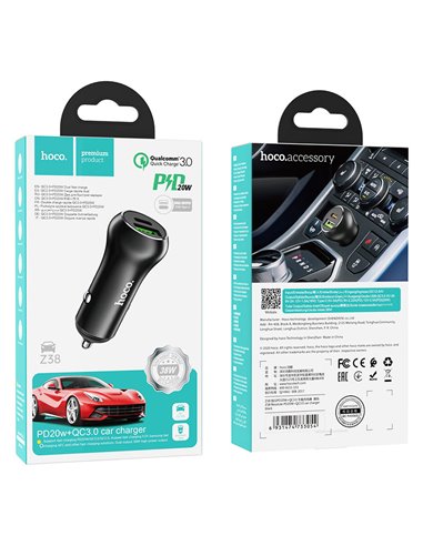 USB автомобильное зарядное устройство HOCO Z38 Resolute / 1 x USB + 1 x USB-C / Total output: 38W / up to PD3.0 / QC3.0 / Black