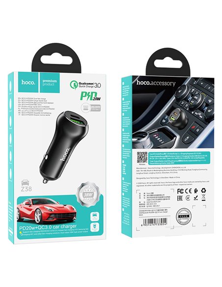 Incarcator auto USB HOCO Z38 Resolute / 1 x USB + 1 x USB-C / Total output: 38W / up to PD3.0 / QC3.0 / Black