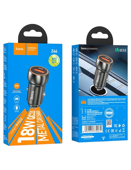 Incarcator auto USB HOCO Z46 Blue shield / 1 x USB / Total output: 38W / up to PD3.0 / QC3.0 / Black