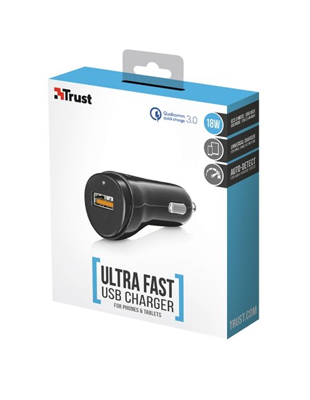USB Car Charger - Trust Ultra-Fast (18W) USB Car Charger with QC3.0 and auto-detect, Output: QC3.0 mode with 5V/3A – 9V/2A – ...