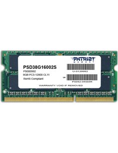 8GB DDR3-1600 SODIMM  PATRIOT Signature Line, PC12800, CL11, 2 Rank, Double-sided module, 1.5V