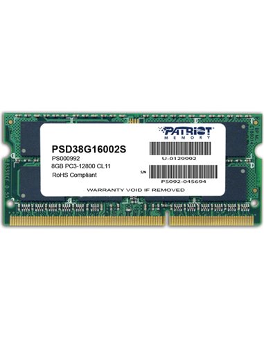 8GB DDR3-1600 SODIMM  PATRIOT Signature Line, PC12800, CL11, 2 Rank, Double-sided module, 1.5V