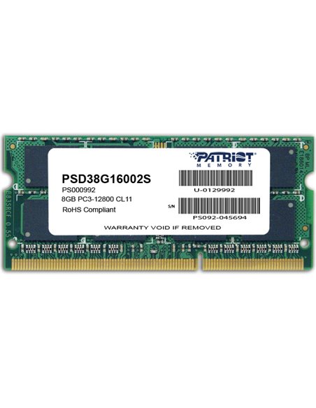 8GB DDR3-1600 SODIMM  PATRIOT Signature Line, PC12800, CL11, 2 Rank, Double-sided module, 1.5V
