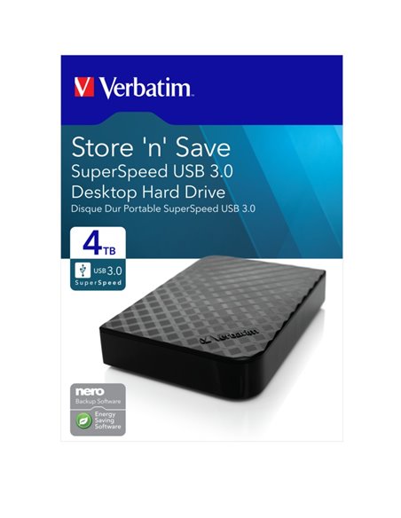 3.5” HDD Extern Verbatim ”Store 'n' Save” / 4.0TB / USB3.0 / External power: +12VDC Input / Black