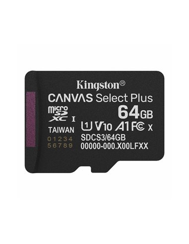 Карта памяти microSD  64GB Kingston Canvas Select Plus, 150MB/s + SD adapter