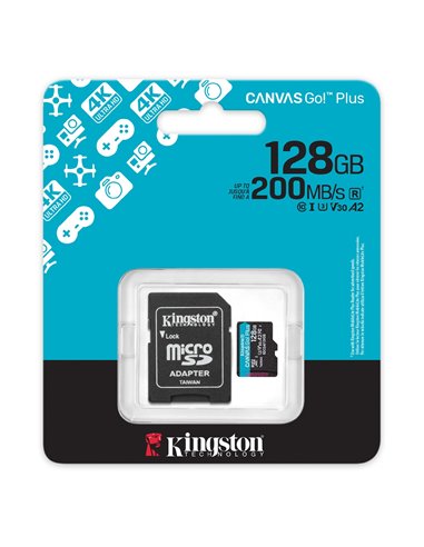 Карта памяти microSD 128GB Kingston Canvas Go Plus Gen 4, A2, up to 200MB/s, + SD adapter
