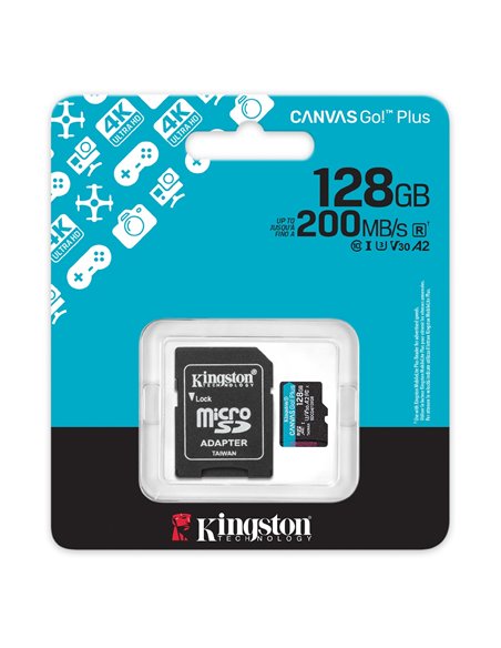 Карта памяти microSD 128GB Kingston Canvas Go Plus Gen 4, A2, up to 200MB/s, + SD adapter