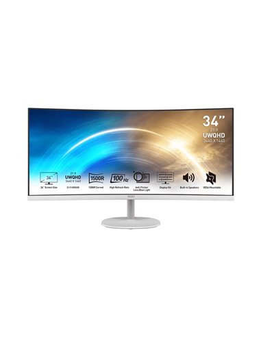 34.0” Монитор MSI PRO MP341CQW/ Curved/ 4K/ 21:9/ 1ms/ 100Hz/ White