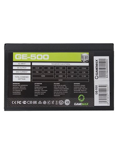 Блок питания для компьютеров Gamemax GE-500, 500Вт, ATX, Немодульный