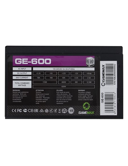 Блок питания для компьютеров Gamemax GE-600, 600Вт, ATX, Немодульный
