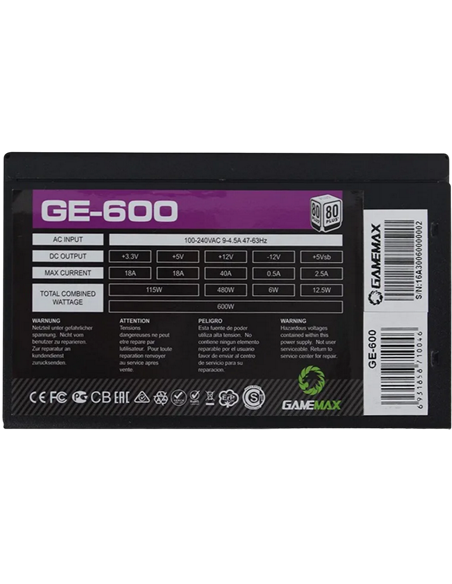 Блок питания для компьютеров Gamemax GE-600, 600Вт, ATX, Немодульный