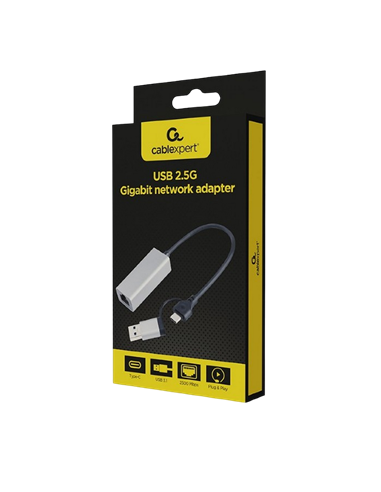 Сетевой адаптер Cablexpert A-USB3AC-LAN2G-01, USB Type-A (M) - USB Type-C (F), 0,15м, Серый