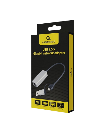Сетевой адаптер Cablexpert A-USB3AC-LAN2G-01, USB Type-A (M) - USB Type-C (F), 0,15м, Серый