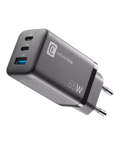 Încărcător Cellularline Wall Charger GAN, 3 Ports, 65W, Negru