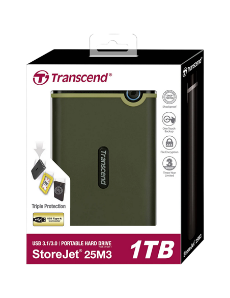 HDD portabil extern Transcend StoreJet 25M3G, 2 TB, Military Green (TS2TSJ25M3G)