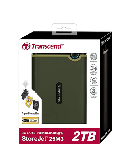 Внешний портативный жесткий диск Transcend StoreJet 25M3G, 2 ТБ, Military Green (TS2TSJ25M3G)