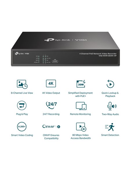 Видеорегистратор TP-LINK VIGI NVR1004H-4P, Чёрный
