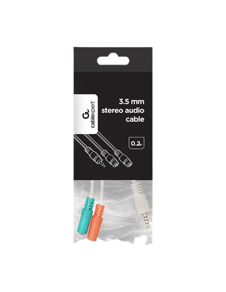 Audio Adaptor Cablexpert CCA-417W, 3.5mm 4-pin (M) - 2x 3.5mm 3-pin (F), 0,2m, Alb