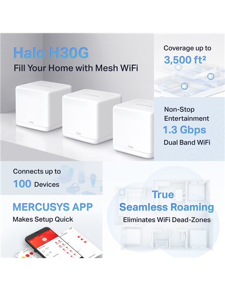 Sistem Wi-Fi Mesh MERCUSYS Halo H30G (3-pack), Alb