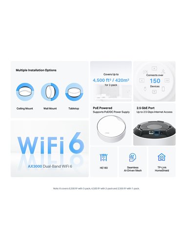 Whole-Home Mesh Dual Band Wi-Fi 6 System TP-LINK, "Deco X50-PoE(2-pack)", 3000Mbps, MU-MIMO, 2.5Gbps