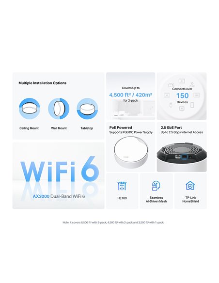 Whole-Home Mesh Dual Band Wi-Fi 6 System TP-LINK, "Deco X50-PoE(2-pack)", 3000Mbps, MU-MIMO, 2.5Gbps