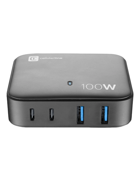 Зарядное устройство Cellularline Wall Charger GAN, 4 Ports, 100W, 100Вт, Чёрный