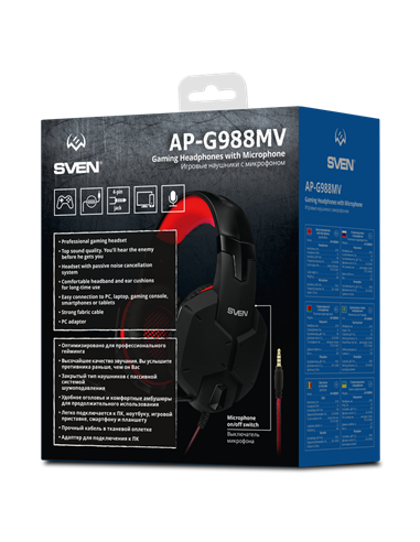Căști gaming SVEN AP-G988MV, Cu fir, Negru/Roșu