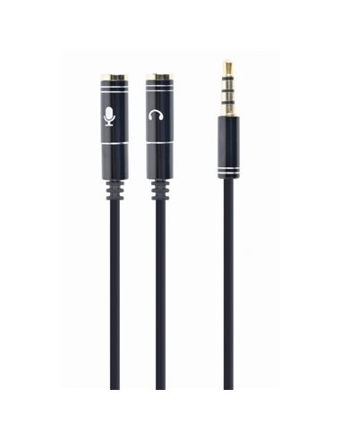 Аудио адаптер Cablexpert CCA-417M, 3.5mm 4-pin (M) - 2x 3.5mm 3-pin (F), 0,2м, Чёрный