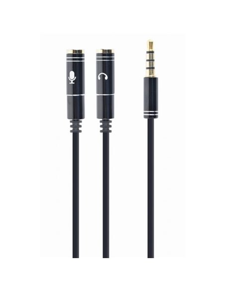 Аудио адаптер Cablexpert CCA-417M, 3.5mm 4-pin (M) - 2x 3.5mm 3-pin (F), 0,2м, Чёрный