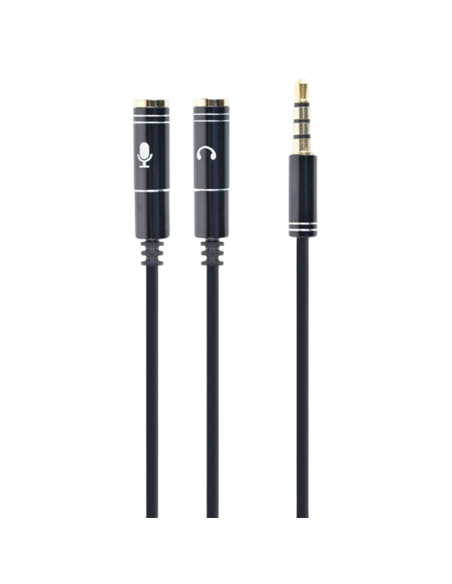 Аудио адаптер Cablexpert CCA-417M, 3.5mm 4-pin (M) - 2x 3.5mm 3-pin (F), 0,2м, Чёрный
