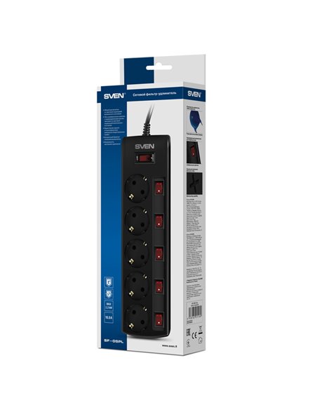 Prelungitor electric SVEN SF-05PL, 5 Prize, 1,8m, Negru