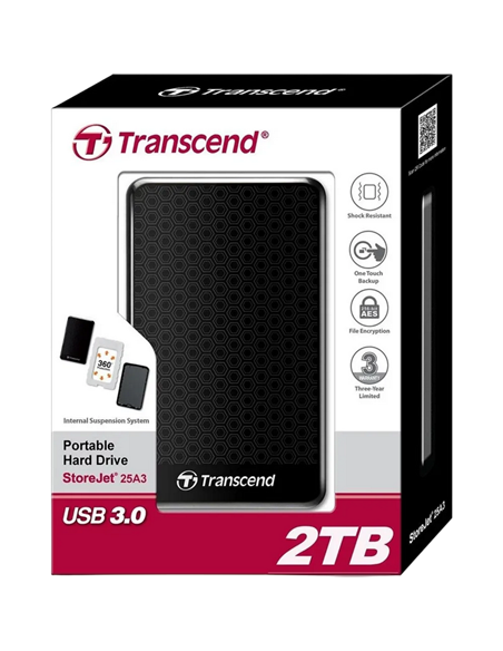 HDD portabil extern Transcend StoreJet 25A3, 2 TB, Negru (TS2TSJ25A3K)