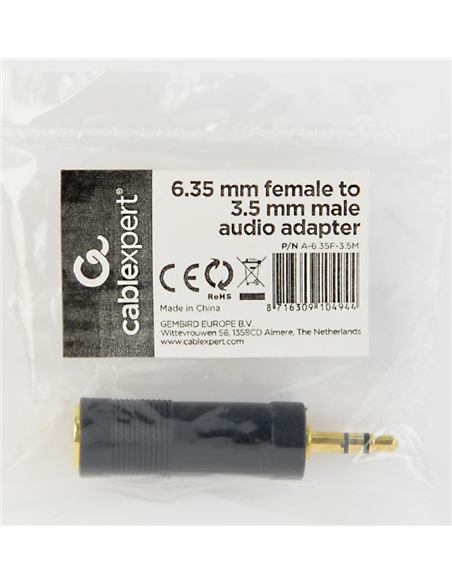 Audio Adaptor Cablexpert A-6.35F-3.5M, 6.35mm 3-pin (F) - 3.5mm 3-pin (M), Negru