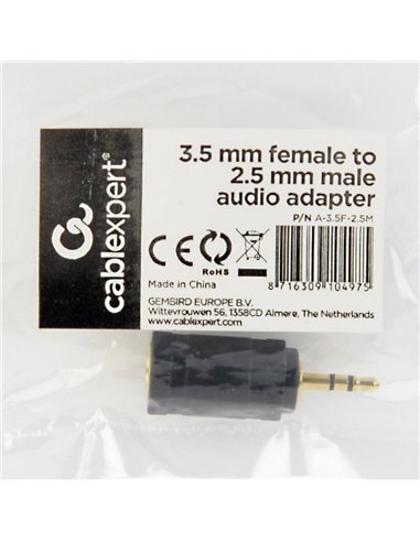 Аудио адаптер Cablexpert A-3.5F-2.5M, 3.5mm 3-pin (F) - 2.5mm 3-pin (M), Чёрный