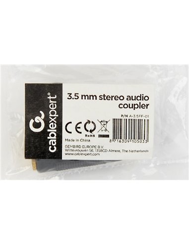 Аудио адаптер Cablexpert A-3.5FF-01, 3.5mm 3-pin (F) - 3.5mm 3-pin (F), Чёрный