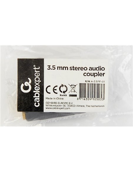 Аудио адаптер Cablexpert A-3.5FF-01, 3.5mm 3-pin (F) - 3.5mm 3-pin (F), Чёрный
