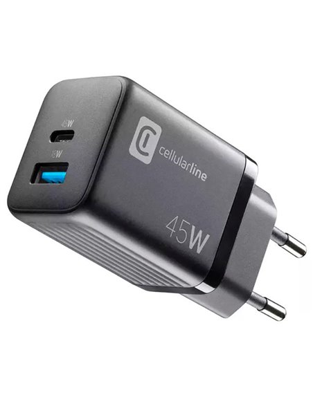 Зарядное устройство Cellularline Wall Charger GAN, 2 Ports, 45W, 45Вт, Чёрный