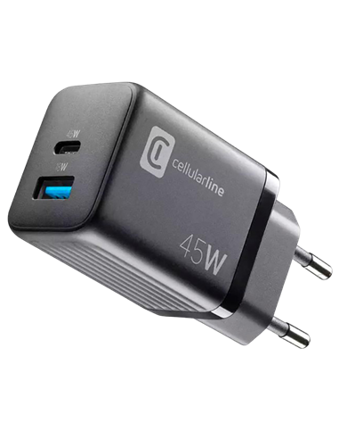 Încărcător Cellularline Wall Charger GAN, 2 Ports, 45W, 45W, Negru