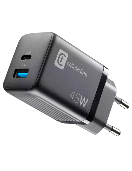 Зарядное устройство Cellularline Wall Charger GAN, 2 Ports, 45W, 45Вт, Чёрный