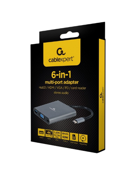 Видеоадаптер Cablexpert A-CM-COMBO6-01, USB Type-C - VGA, HDMI, USB Type-C, USB Type-A, SD card-reader, Серый