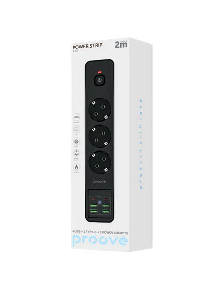 Prelungitor electric Proove Power Strip P-03, 3 Prize, 2m, Negru