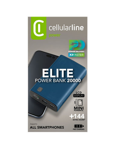 Портативное зарядное устройство Cellularline Elite 20W, 20000мА·ч, Синий