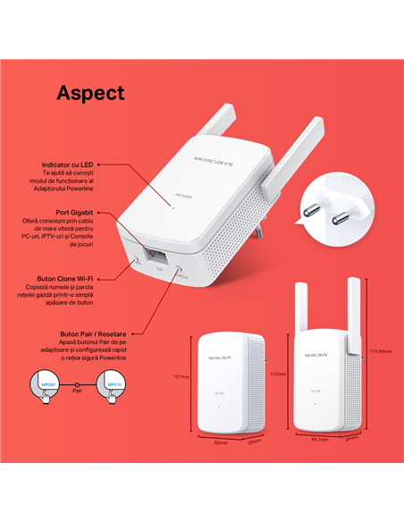 Wi-Fi + Powerline адаптер MERCUSYS MP510 KIT, AV1000, 1000 Мбит/с, Белый